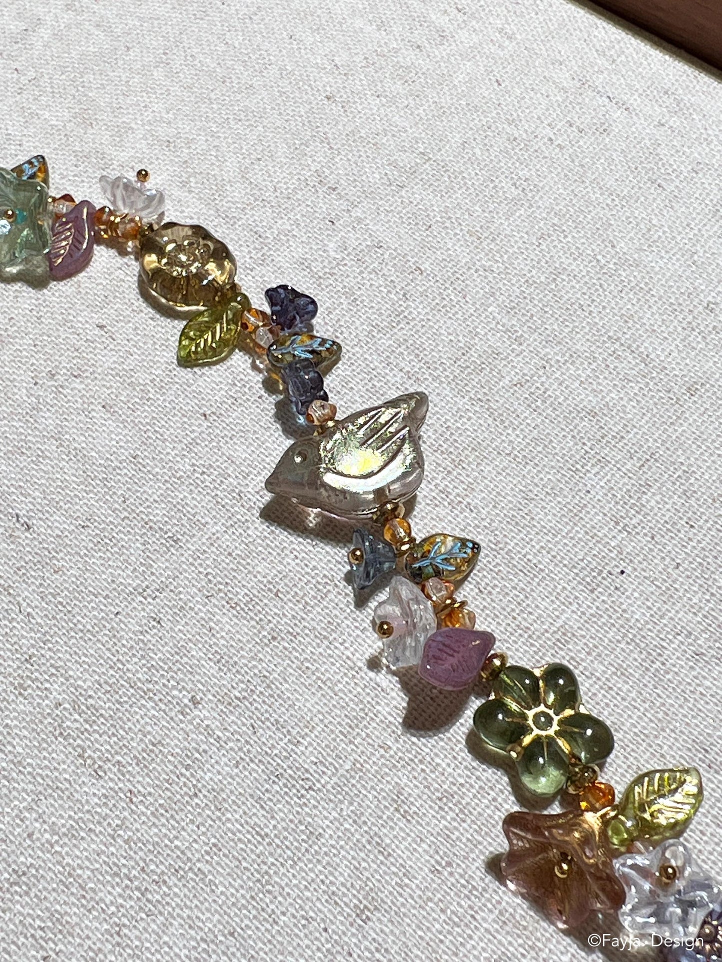 Czech beads floral and bird glass beads bracelet, summer jewellery, unique gift gift for her