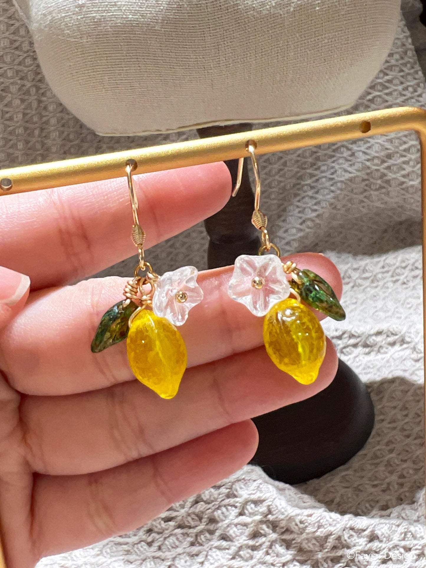 Bohemian lemon earrings, Czech bead fruit flower drop earrings, cute yellow drop earrings, Handcrafted earrings, gift for her, summer