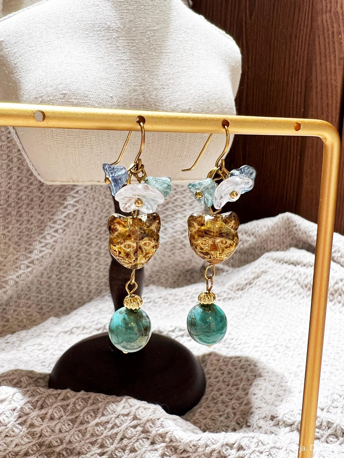 handcrafted Czech beads bohemian flower and cat teal and amber color drop earrings, cute cat earrings, floral cat earrings, teal earrings