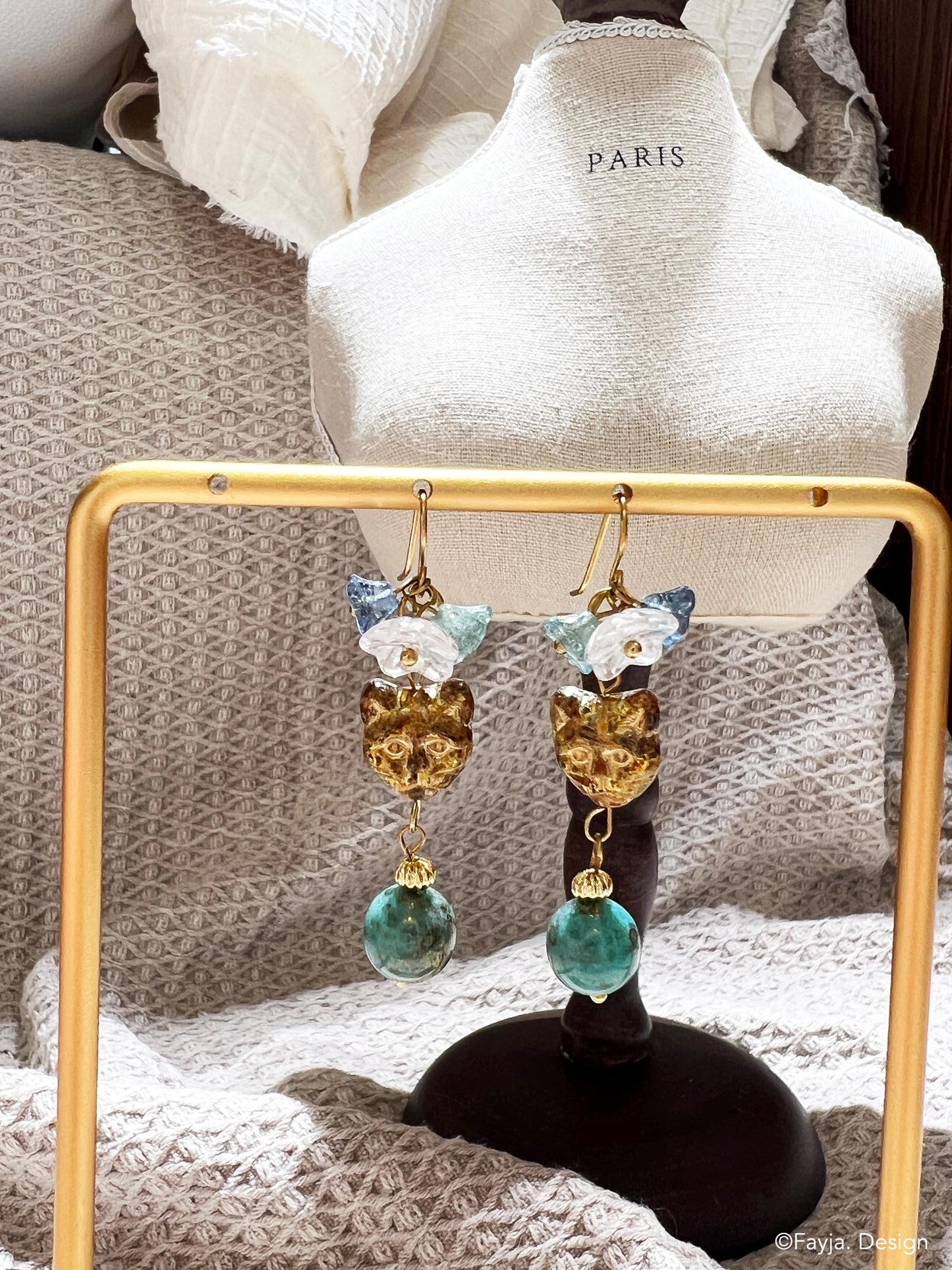 handcrafted Czech beads bohemian flower and cat teal and amber color drop earrings, cute cat earrings, floral cat earrings, teal earrings