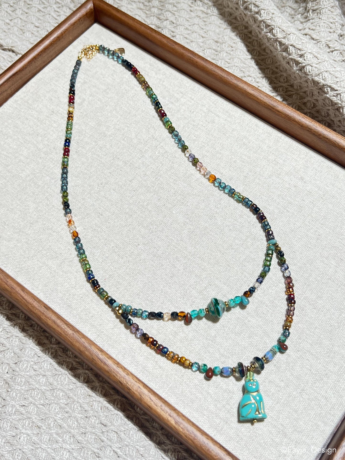 Bohemian matubo Czech glass bead vintage turquoise Cat layer necklace gift for her, cat lover gift