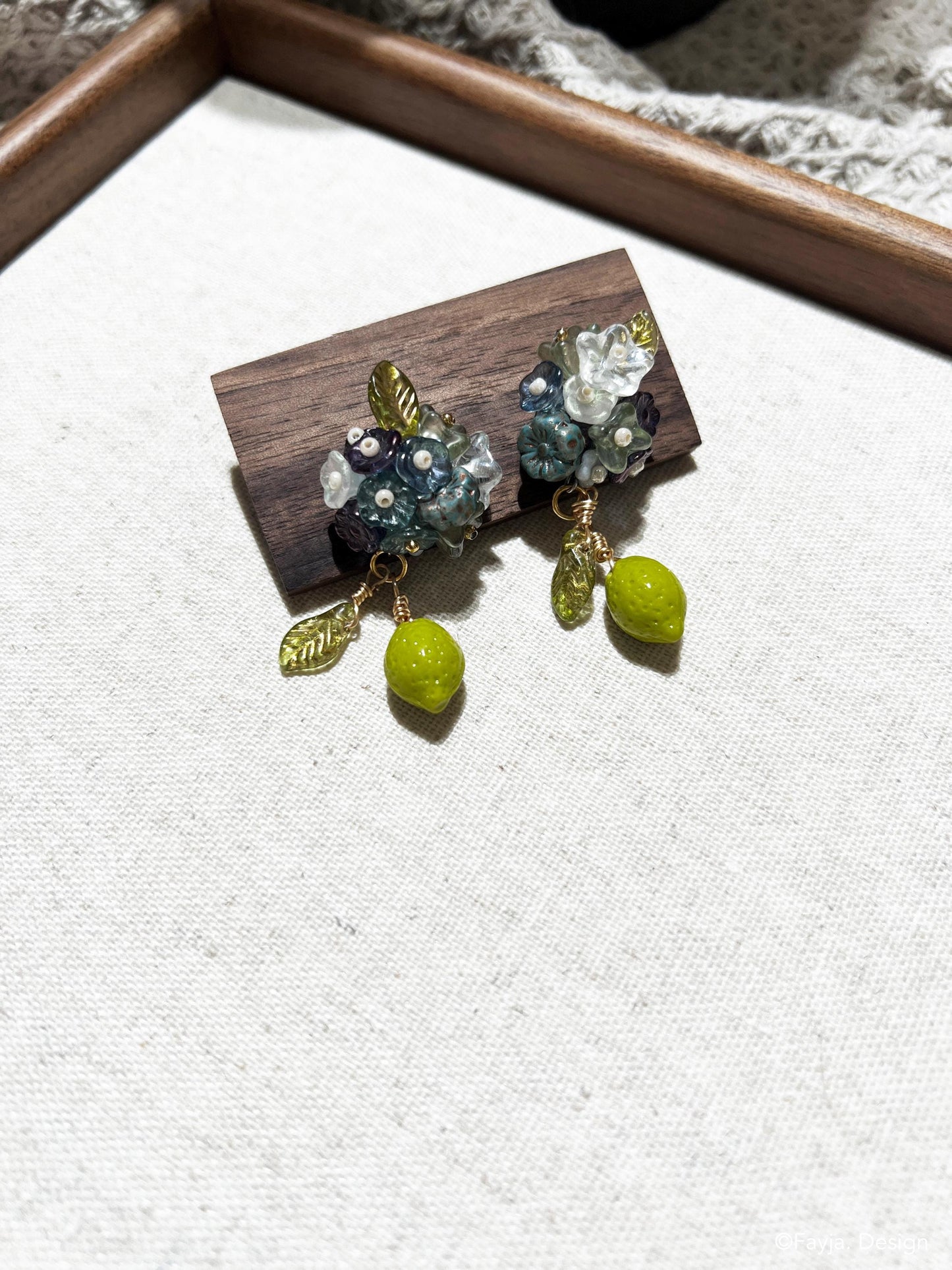Bohemian Fruit Earrings, Lime ear stud with florals, blue flower bouquet with lime lemon, gifts for her, summer vacation ootd