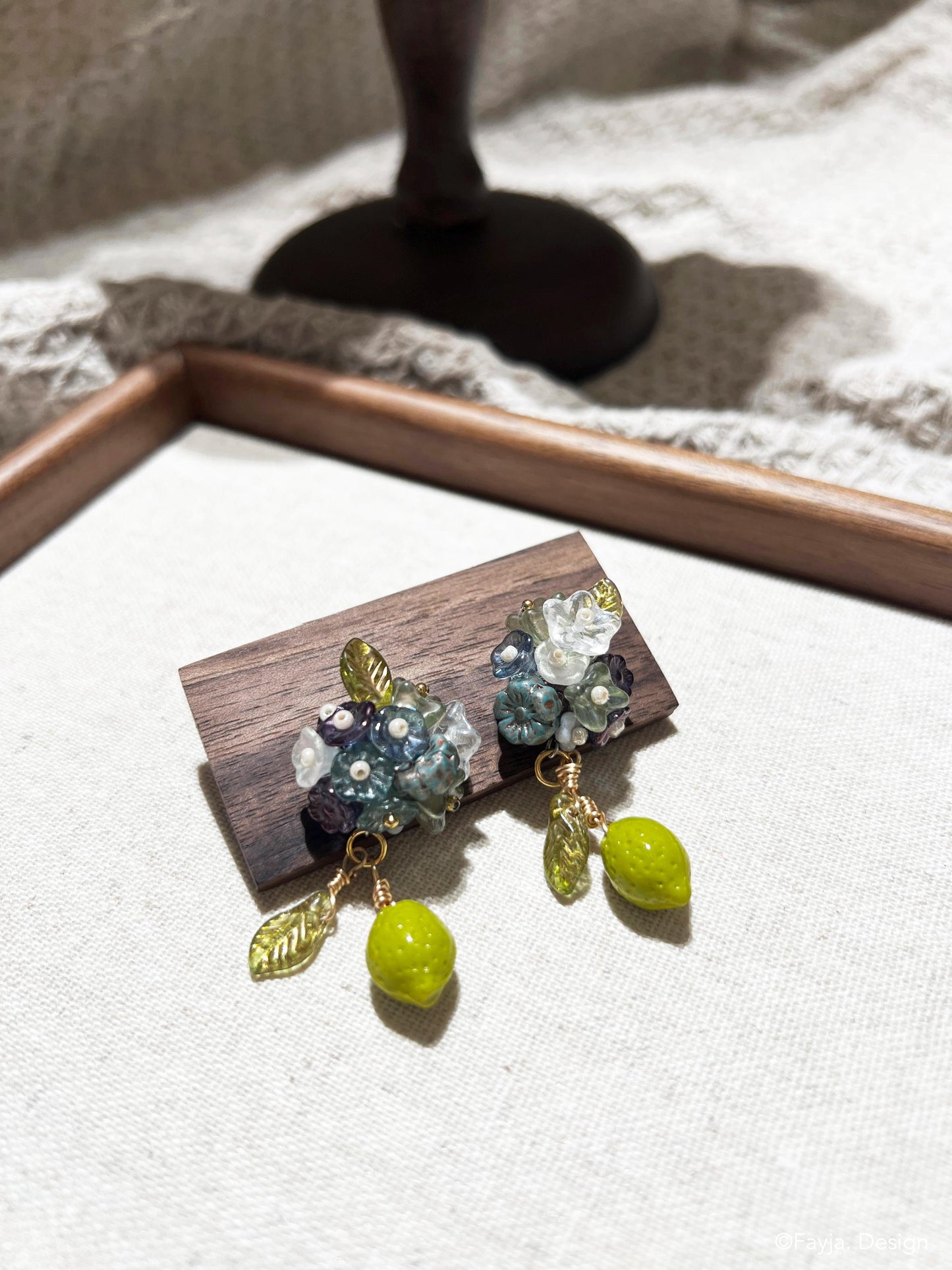 Bohemian Fruit Earrings, Lime ear stud with florals, blue flower bouquet with lime lemon, gifts for her, summer vacation ootd