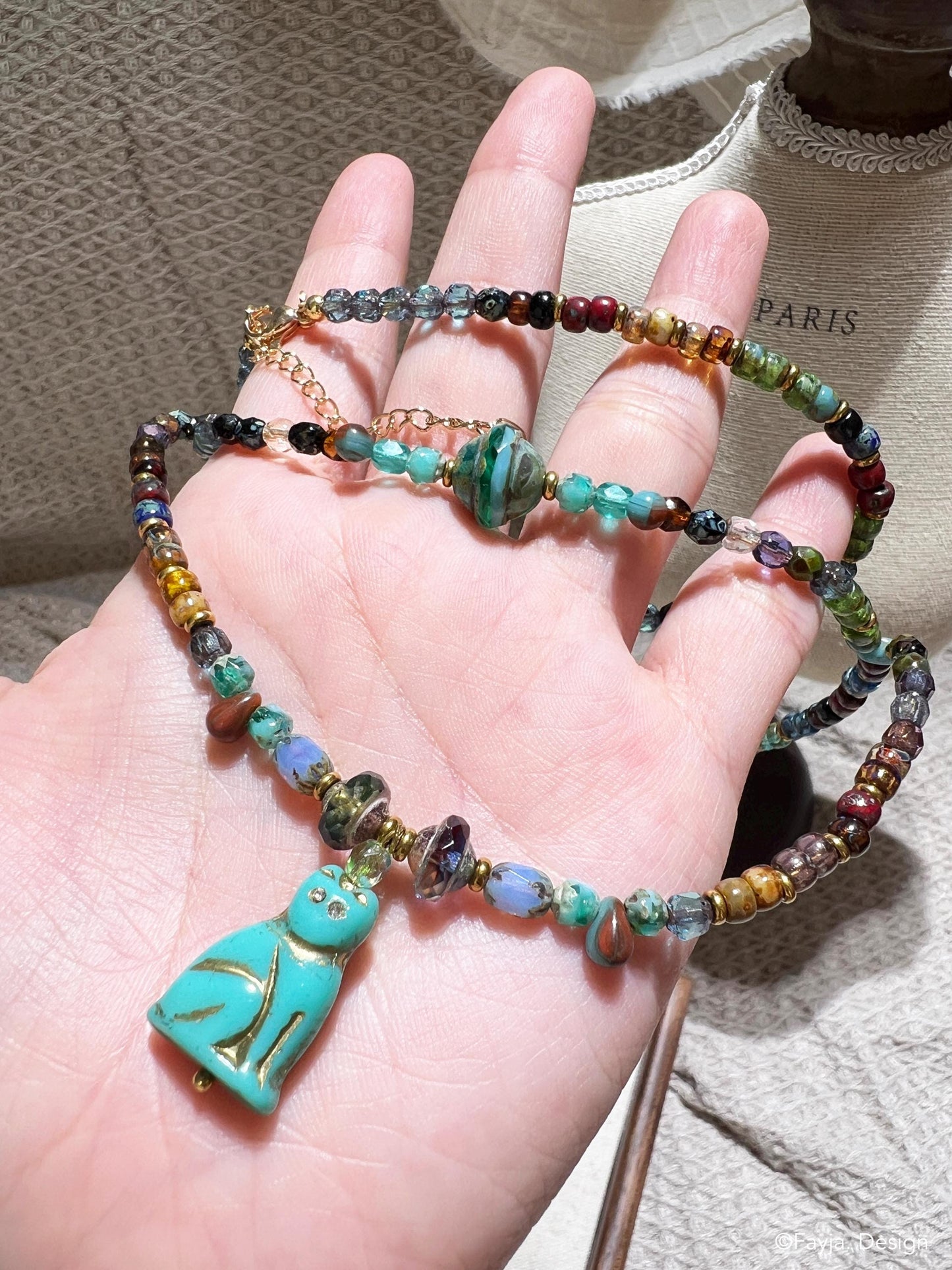 Bohemian matubo Czech glass bead vintage turquoise Cat layer necklace gift for her, cat lover gift