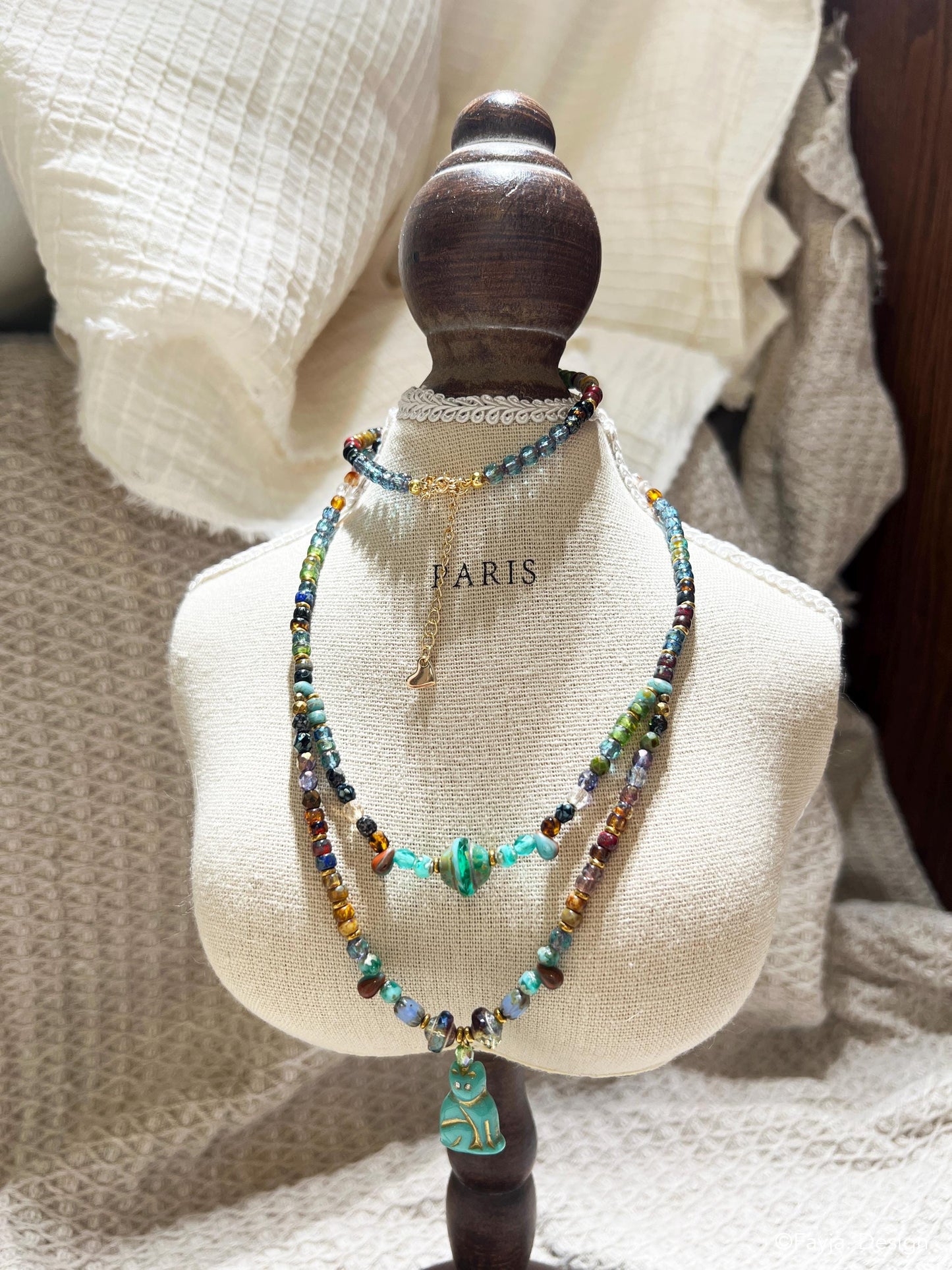 Bohemian matubo Czech glass bead vintage turquoise Cat layer necklace gift for her, cat lover gift