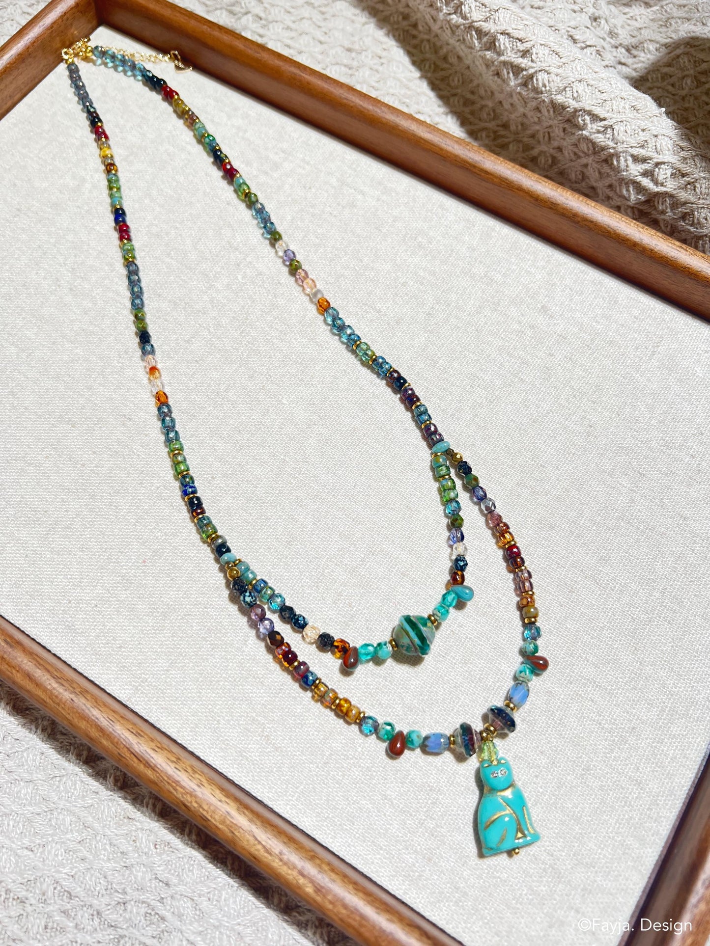Bohemian matubo Czech glass bead vintage turquoise Cat layer necklace gift for her, cat lover gift