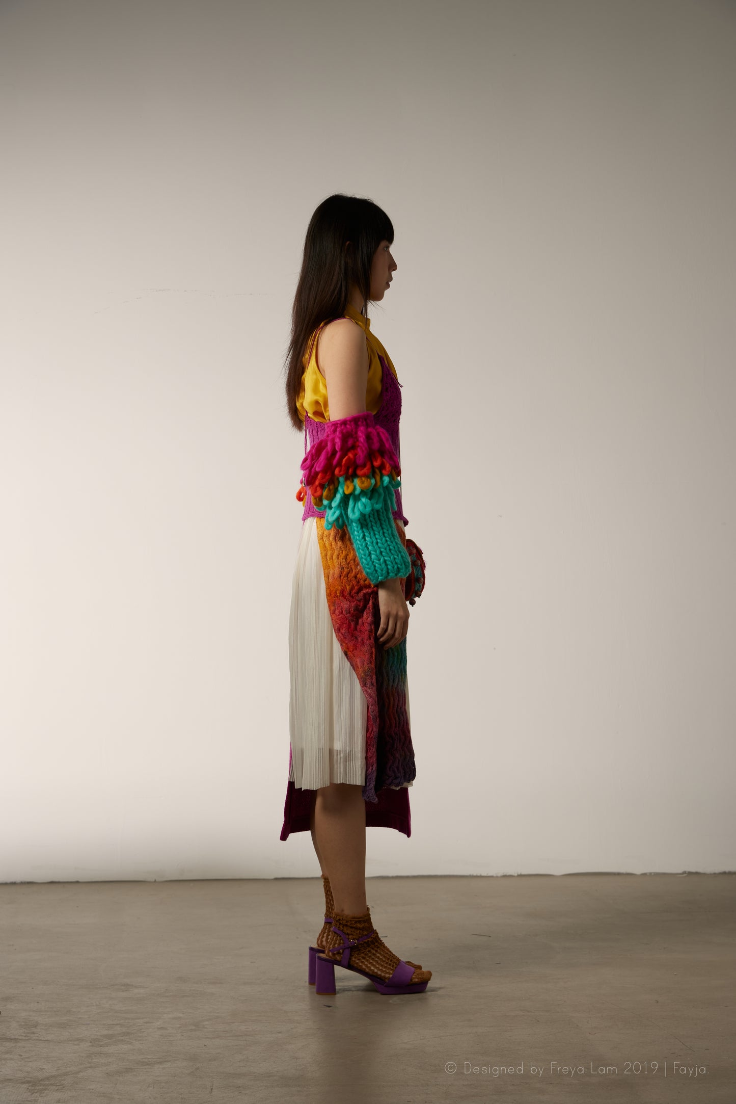 Show outfit 2 - crochet cami with hand dyed crafted knit stitch wool blended twill skirt