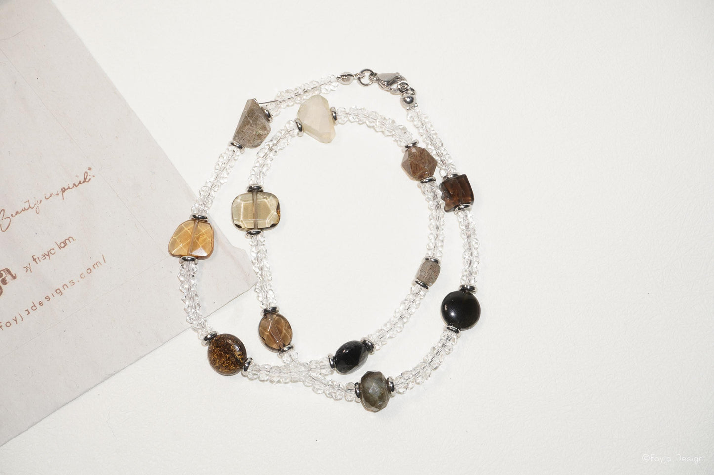 Celestial Bead Cascade necklace- White Crystal with mixed Gemstone