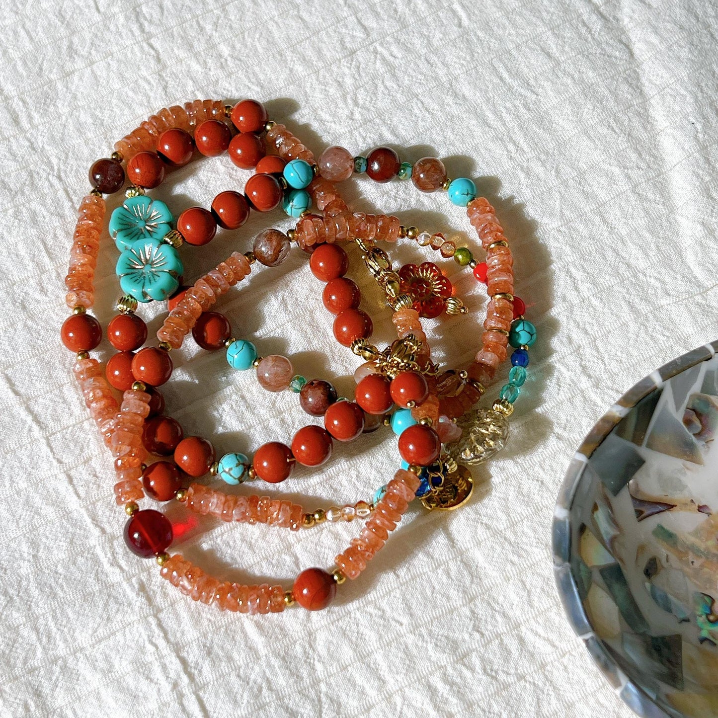 Sunstone & Copper Rutilated Quartz Carnelian with Czech glass beads - best value set of 2 beaded necklace