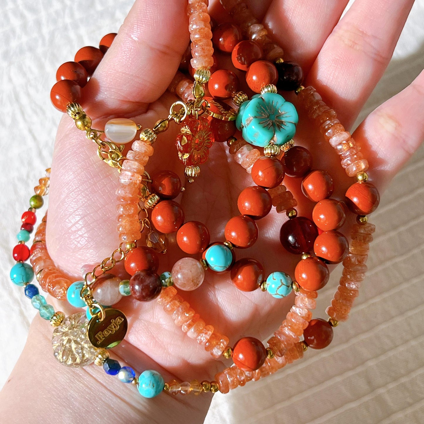 Sunstone & Copper Rutilated Quartz Carnelian with Czech glass beads - best value set of 2 beaded necklace