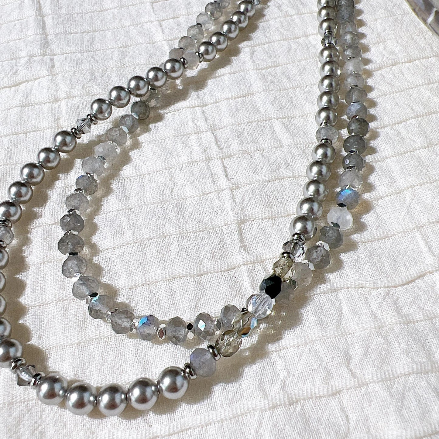 shiny cut labradorite and Swarovski grey pearls glamorous grey tone necklace gift for her labradorite silver necklace