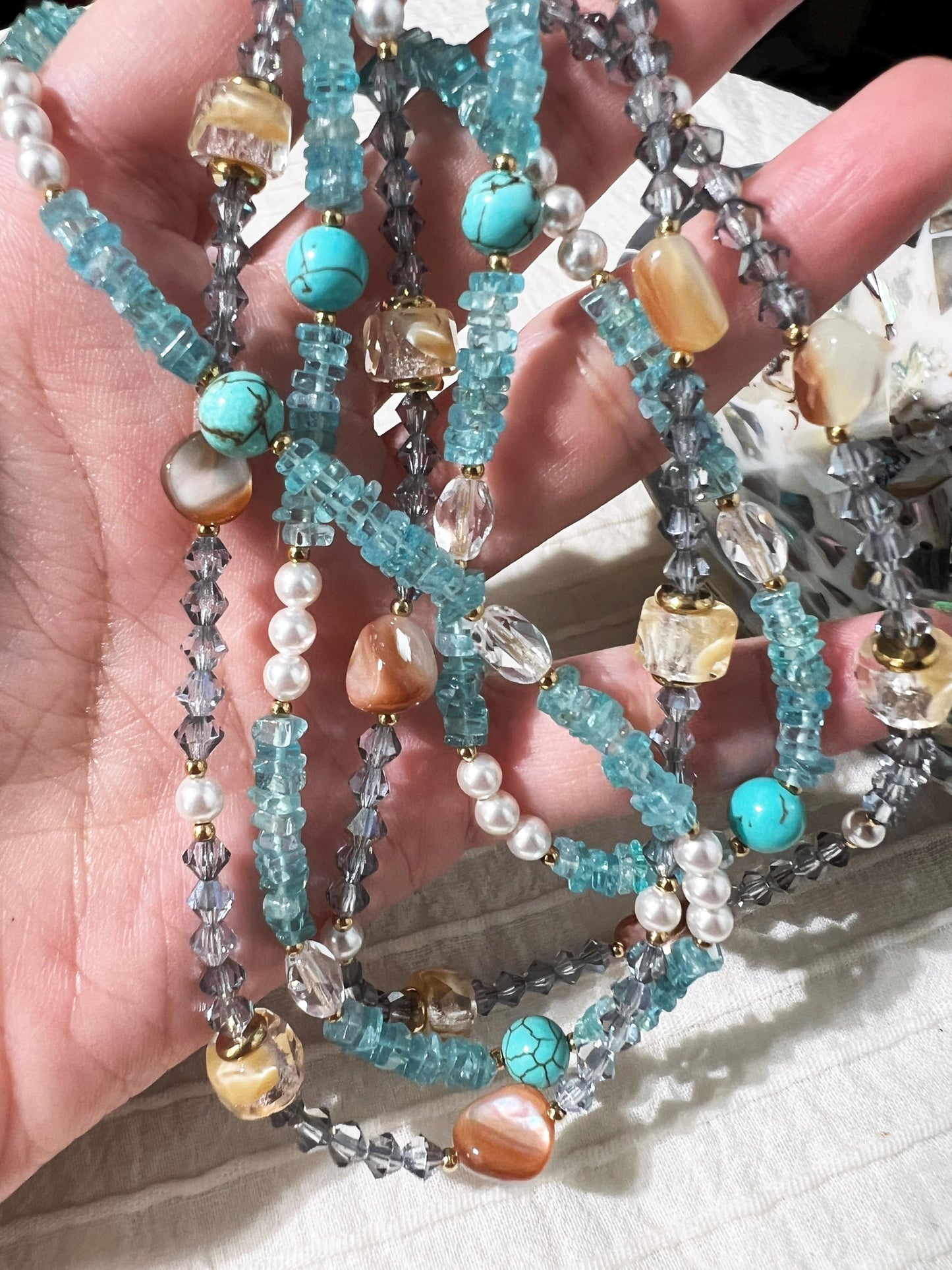 Sky apatite square cut crystal beads beaded necklace gift for her