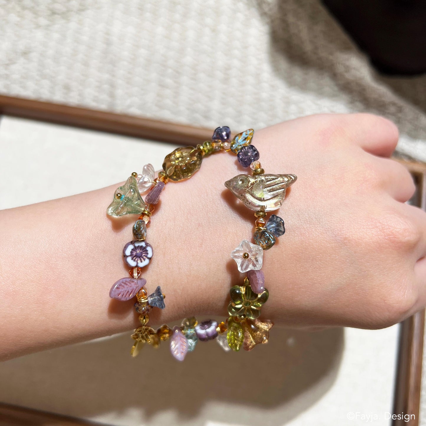 Czech beads floral and bird glass beads bracelet, summer jewellery, unique gift gift for her