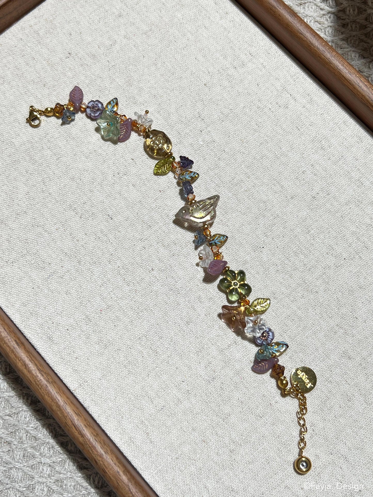Czech beads floral and bird glass beads bracelet, summer jewellery, unique gift gift for her
