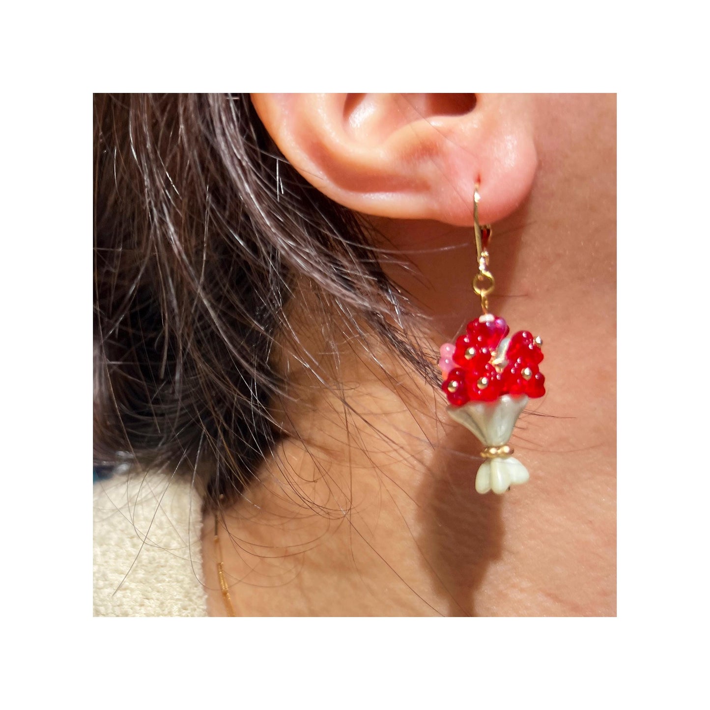 handcrafted Czech beads floral bouquet design drop earrings, gift for her, cute bouquet earrings, gift for mom, cute flower drop earring