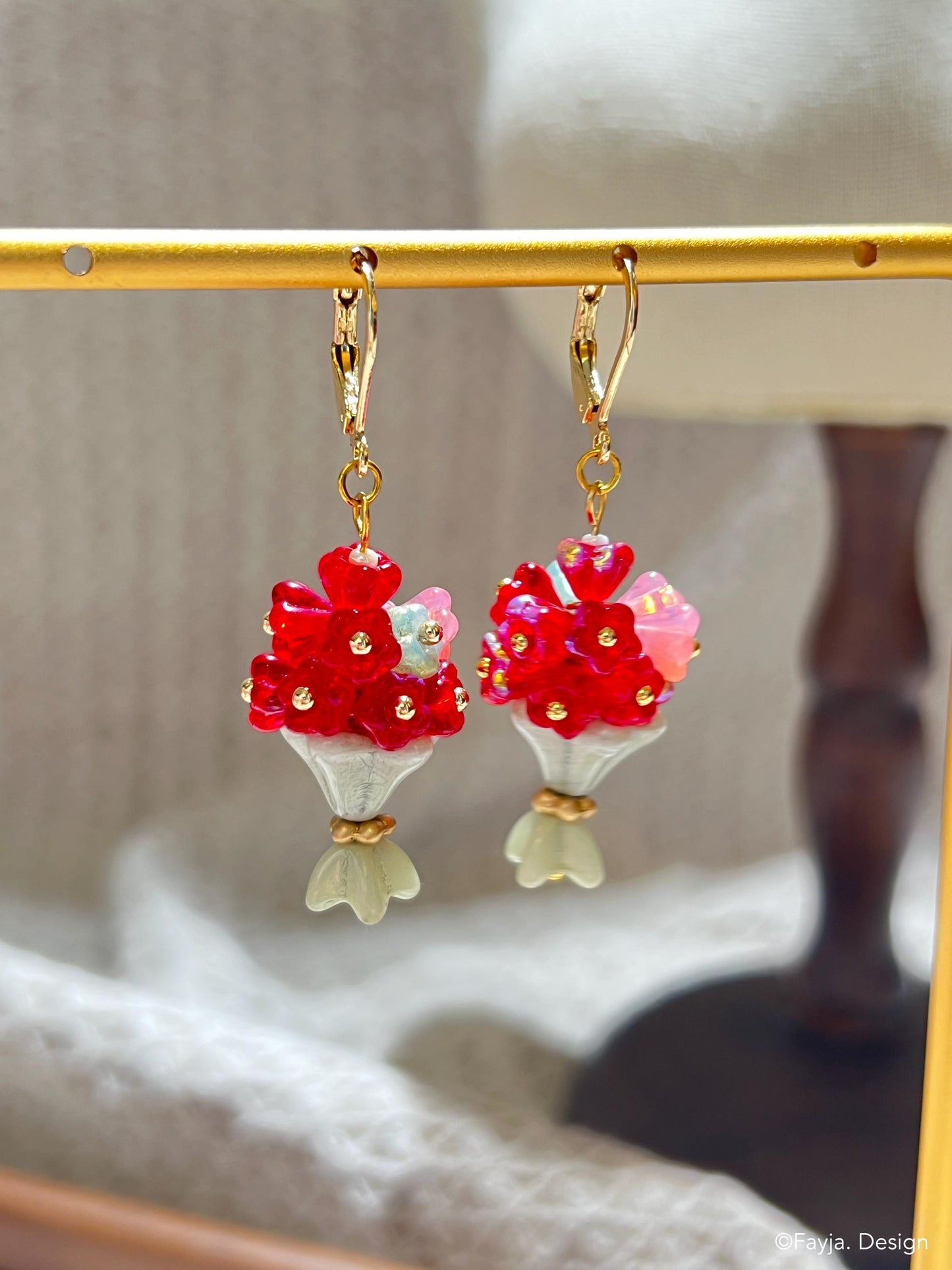 handcrafted Czech beads floral bouquet design drop earrings, gift for her, cute bouquet earrings, gift for mom, cute flower drop earring