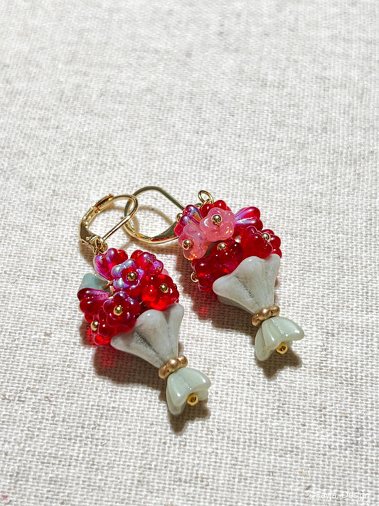 handcrafted Czech beads floral bouquet design drop earrings, gift for her, cute bouquet earrings, gift for mom, cute flower drop earring