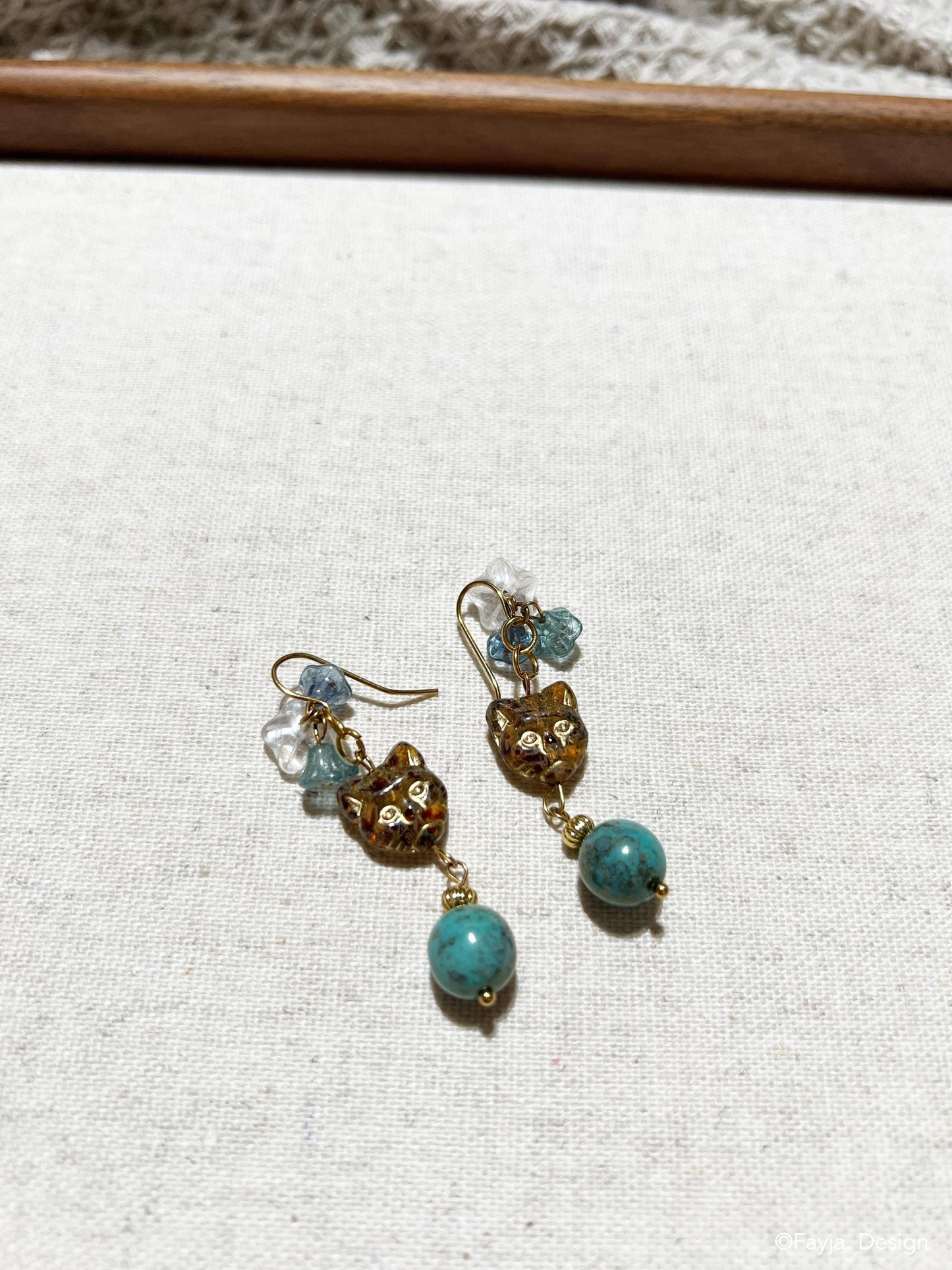 handcrafted Czech beads bohemian flower and cat teal and amber color drop earrings, cute cat earrings, floral cat earrings, teal earrings