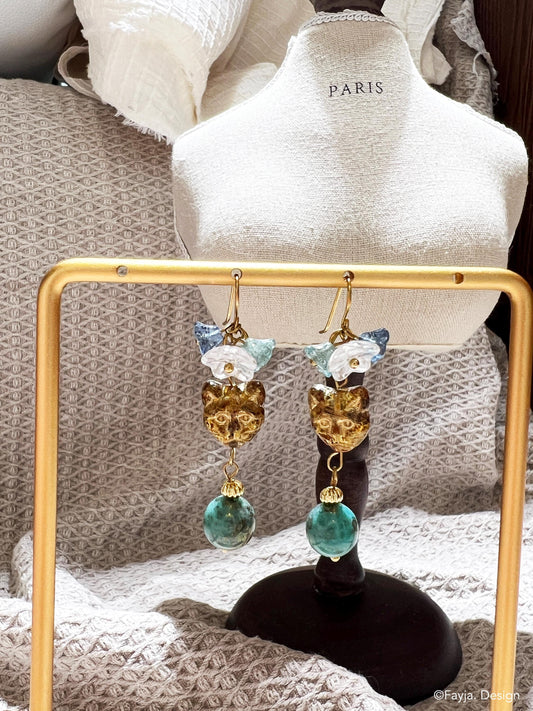 handcrafted Czech beads bohemian flower and cat teal and amber color drop earrings, cute cat earrings, floral cat earrings, teal earrings