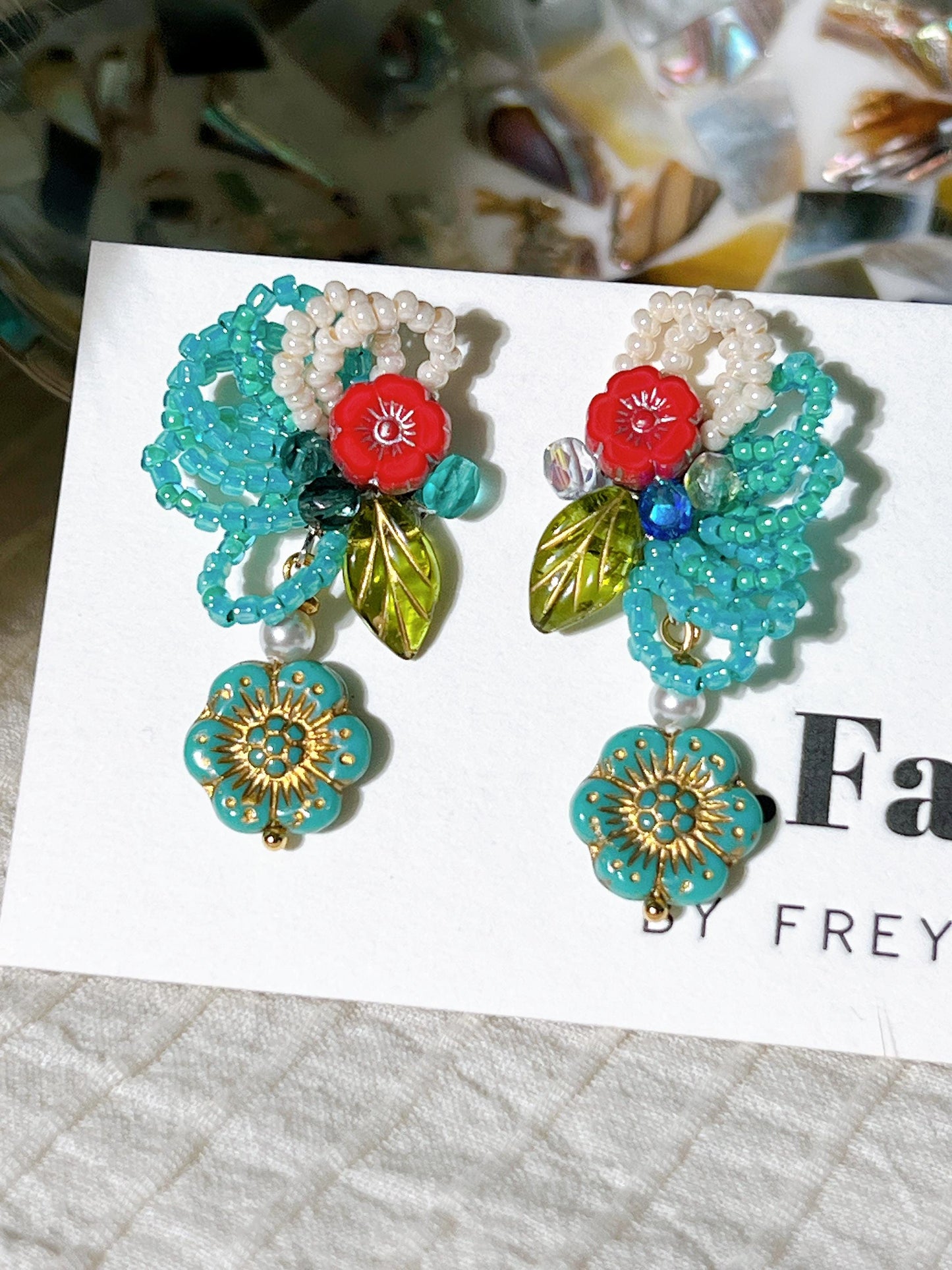 Handmade Czech glass beads embroidered ear stud earring gift for her