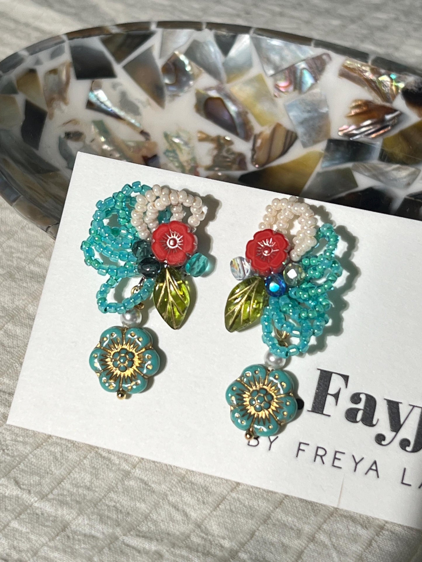 Handmade Czech glass beads embroidered ear stud earring gift for her