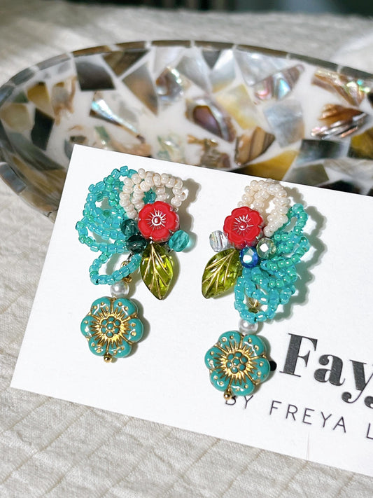 Handmade Czech glass beads embroidered ear stud earring gift for her
