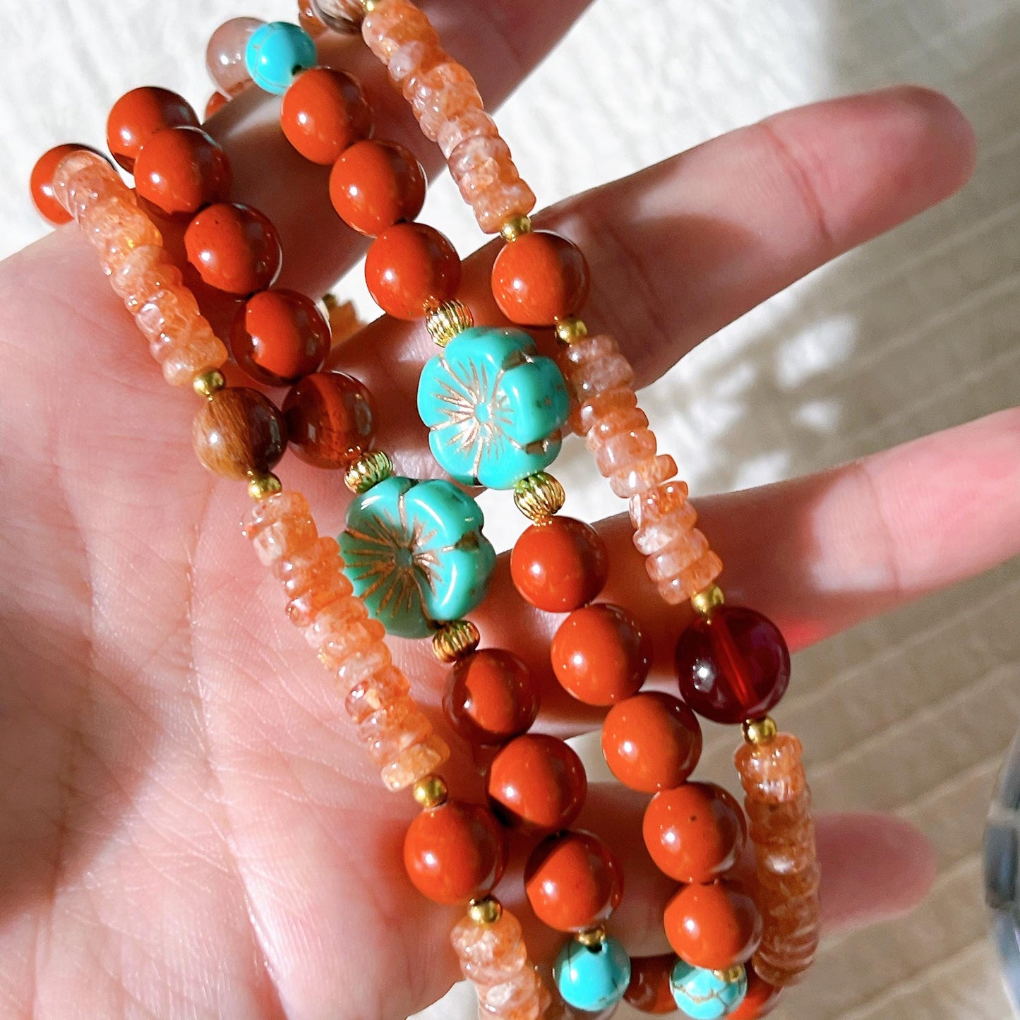 Sunstone & Copper Rutilated Quartz Carnelian with Czech glass beads - best value set of 2 beaded necklace