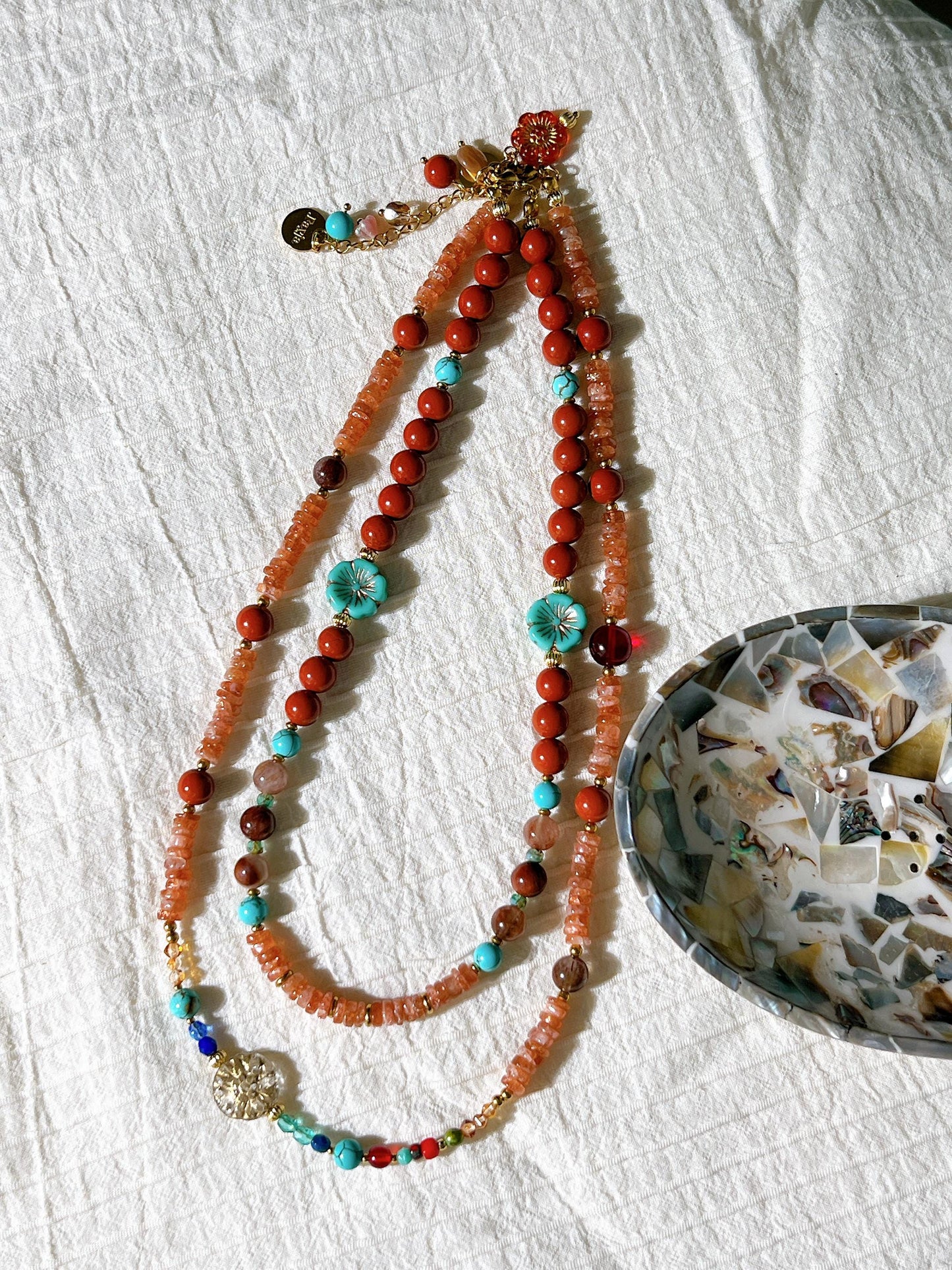 Sunstone & Copper Rutilated Quartz Carnelian with Czech glass beads - best value set of 2 beaded necklace