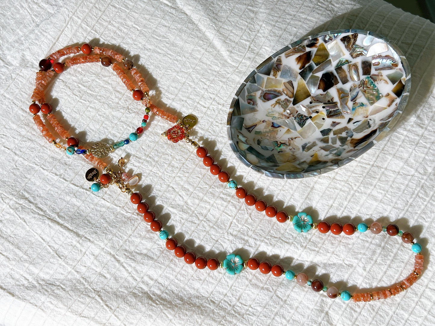 Sunstone & Copper Rutilated Quartz Carnelian with Czech glass beads - best value set of 2 beaded necklace