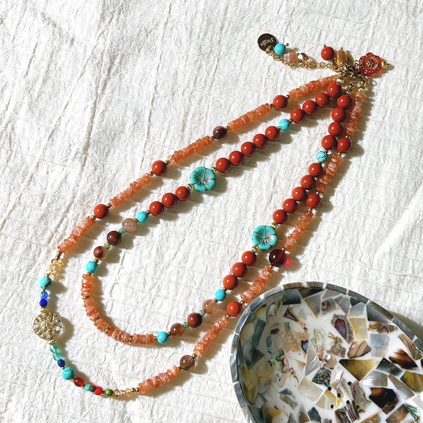 Sunstone & Copper Rutilated Quartz Carnelian with Czech glass beads - best value set of 2 beaded necklace