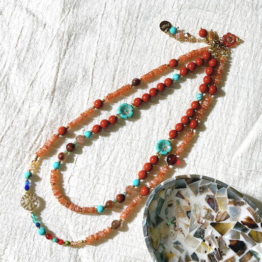 Sunstone & Copper Rutilated Quartz Carnelian with Czech glass beads - best value set of 2 beaded necklace