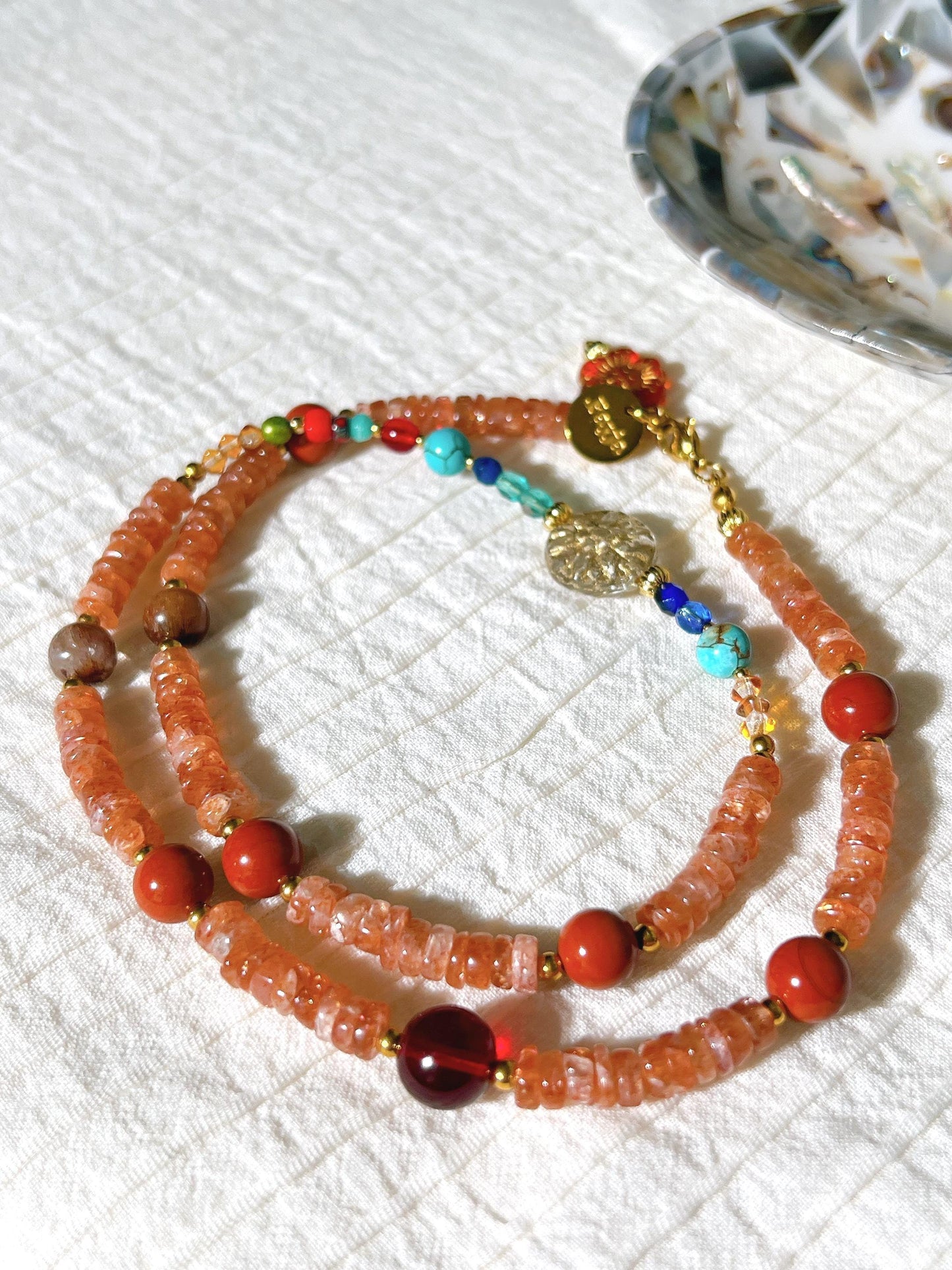 Sunstone & Copper Rutilated Quartz Carnelian with Czech glass beads - best value set of 2 beaded necklace
