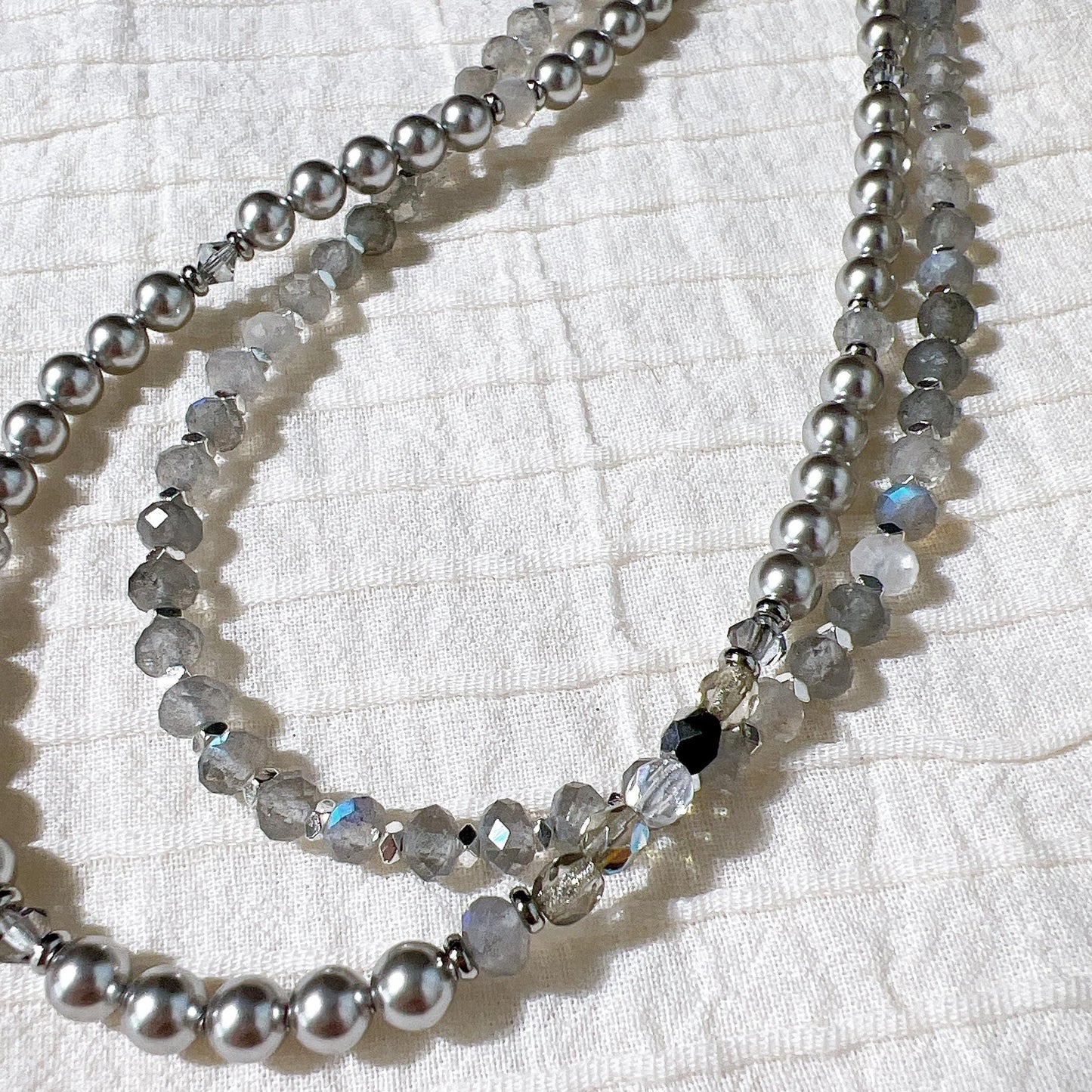 shiny cut labradorite and Swarovski grey pearls glamorous grey tone necklace gift for her labradorite silver necklace