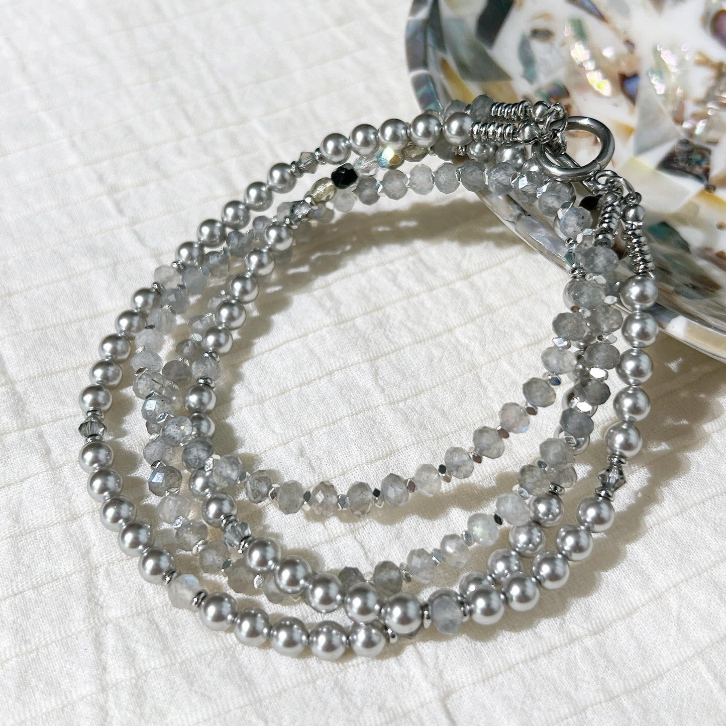 shiny cut labradorite and Swarovski grey pearls glamorous grey tone necklace gift for her labradorite silver necklace