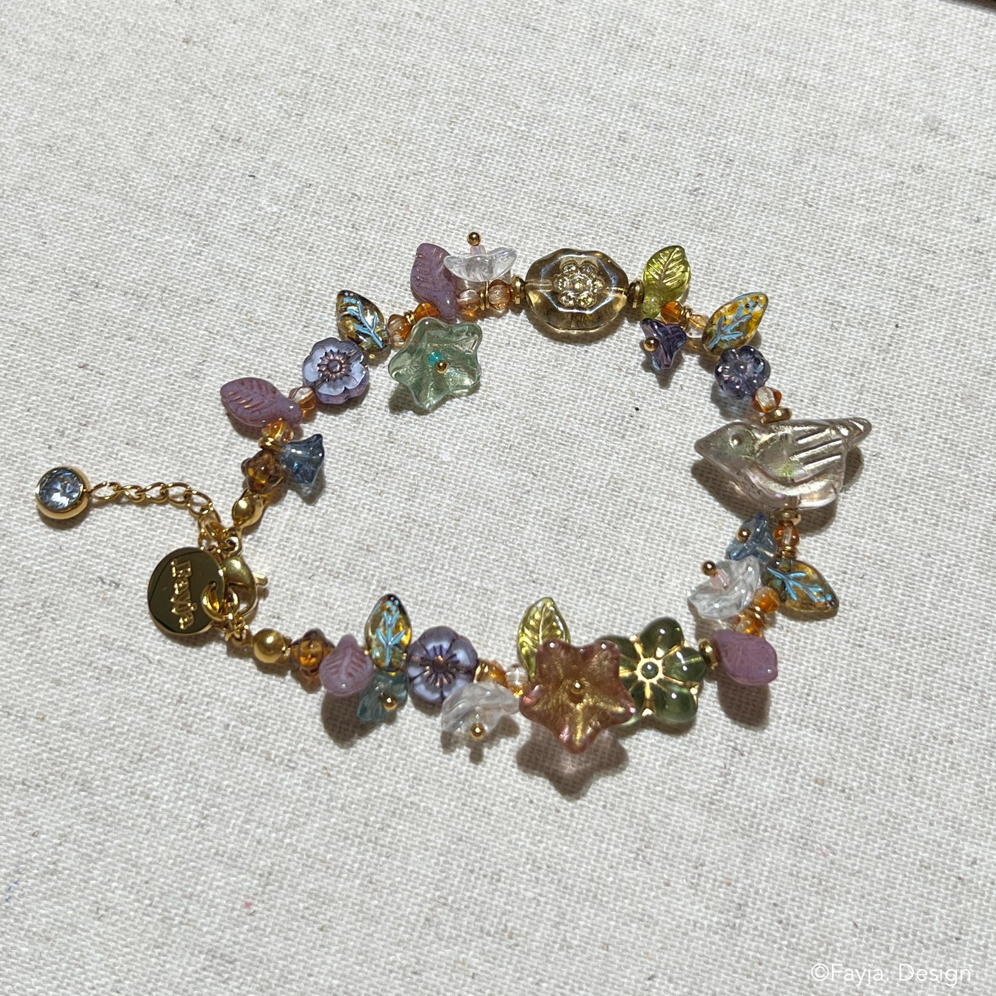 Czech beads floral and bird glass beads bracelet, summer jewellery, unique gift gift for her
