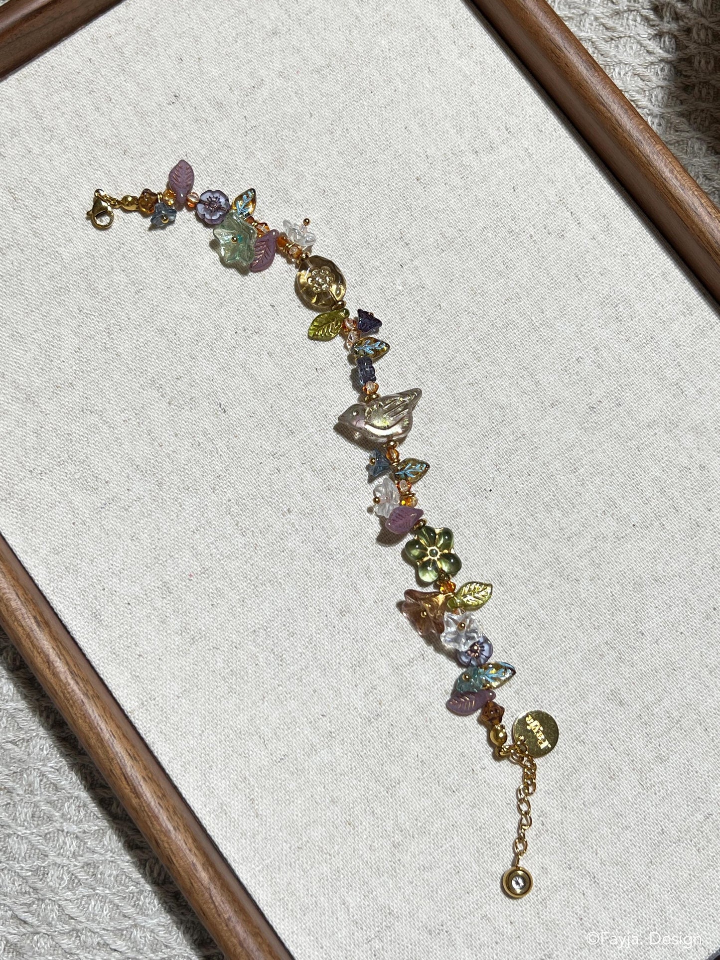Czech beads floral and bird glass beads bracelet, summer jewellery, unique gift gift for her