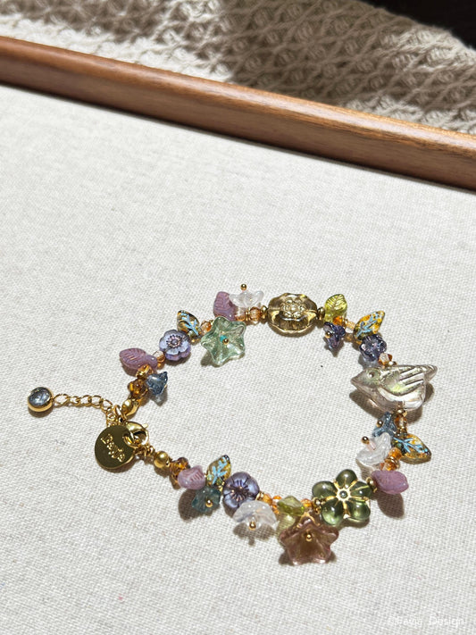 Czech beads floral and bird glass beads bracelet, summer jewellery, unique gift gift for her