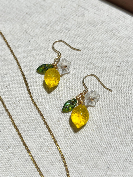 Bohemian lemon earrings, Czech bead fruit flower drop earrings, cute yellow drop earrings, Handcrafted earrings, gift for her, summer