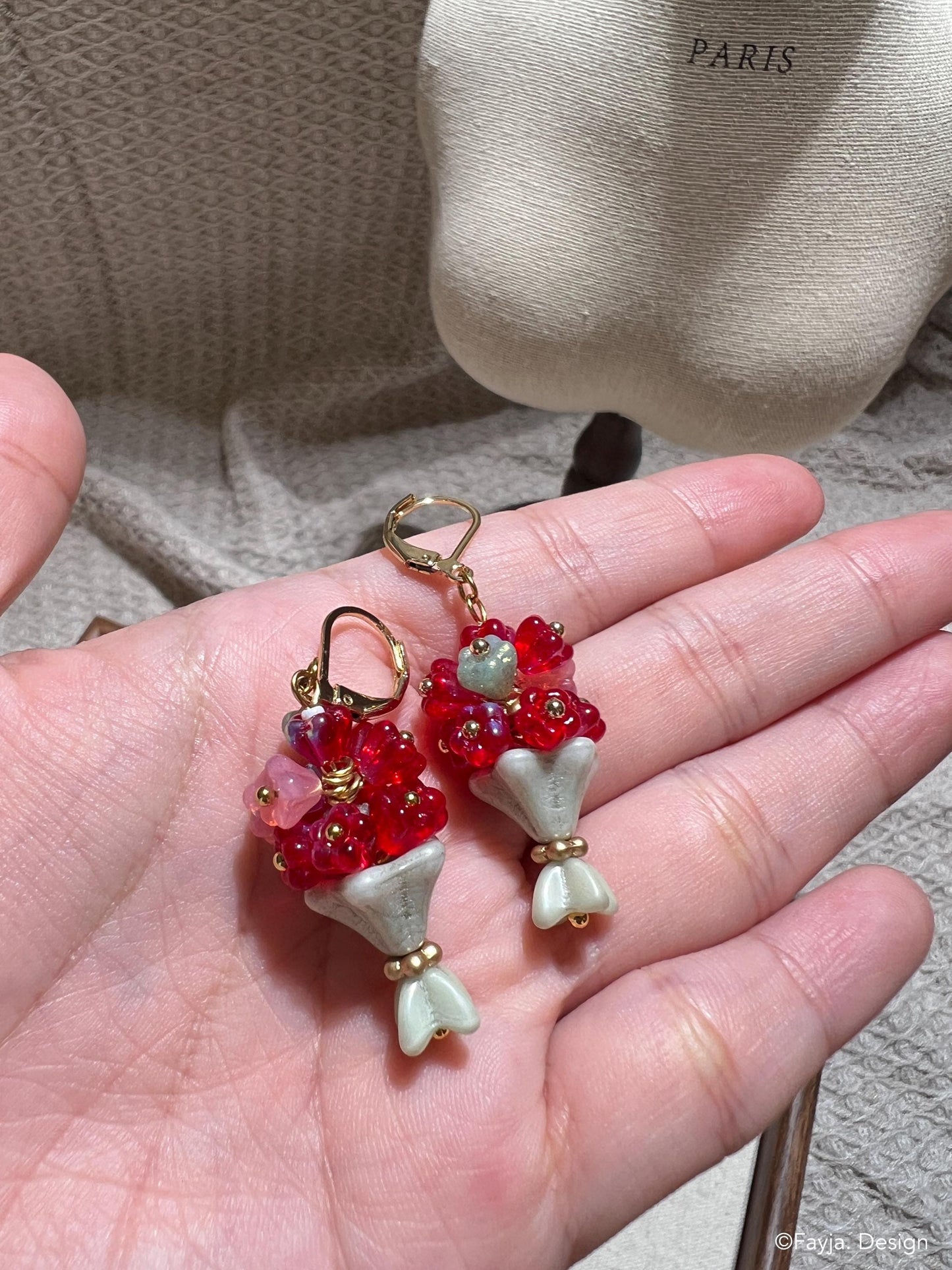 handcrafted Czech beads floral bouquet design drop earrings, gift for her, cute bouquet earrings, gift for mom, cute flower drop earring