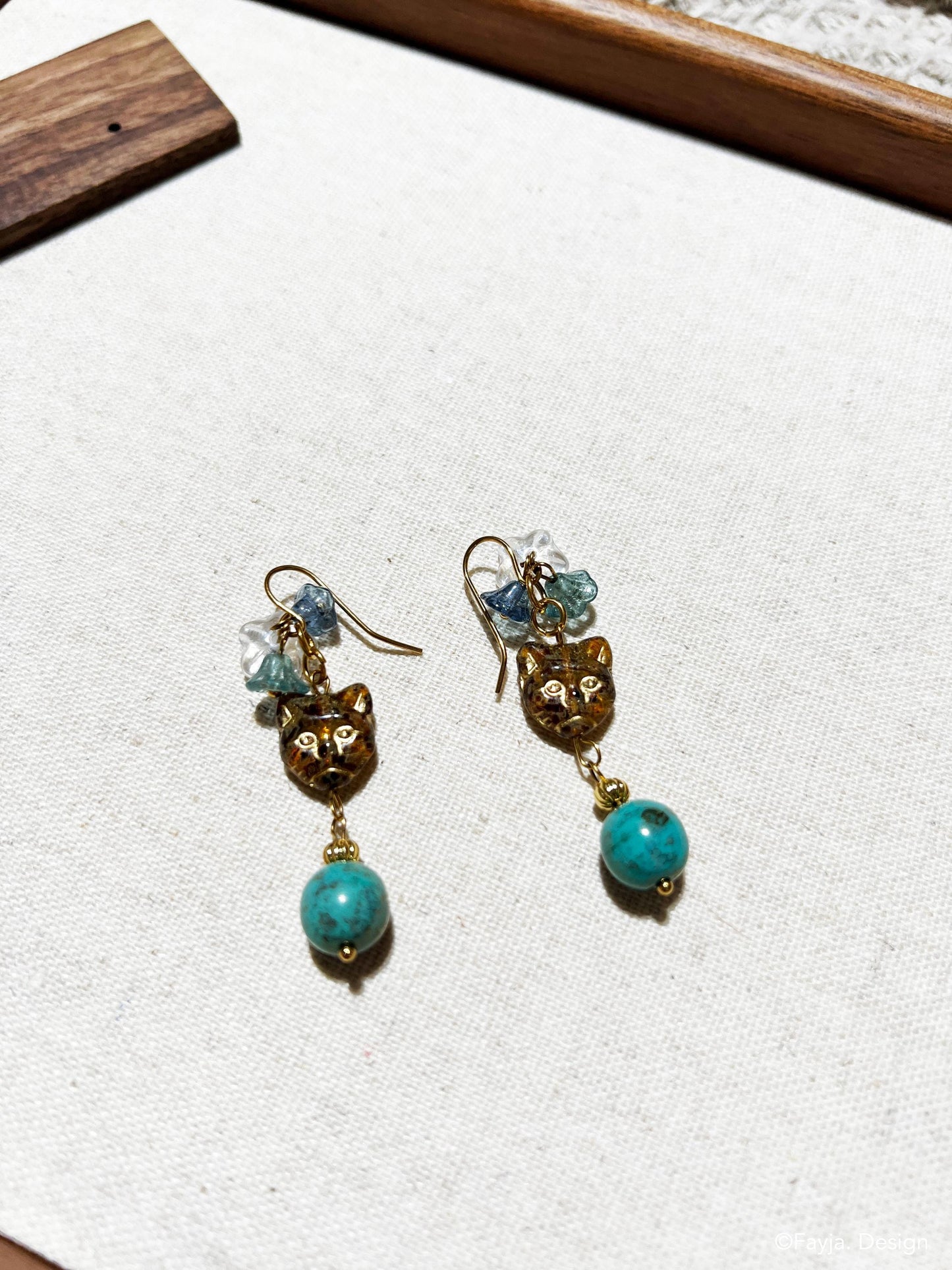 handcrafted Czech beads bohemian flower and cat teal and amber color drop earrings, cute cat earrings, floral cat earrings, teal earrings