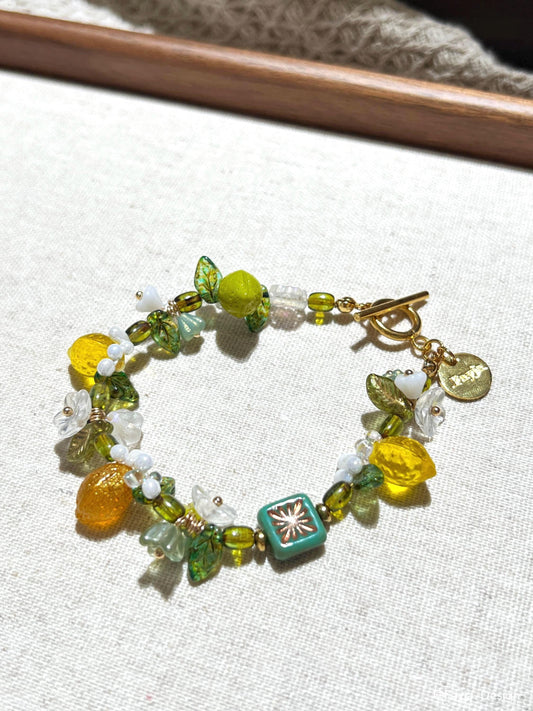 Lemonade fruit jewelry, cute lemon bracelet, lemon head floral bracelet, summer jewelry for holiday vacation, bohemian bead, gift for her