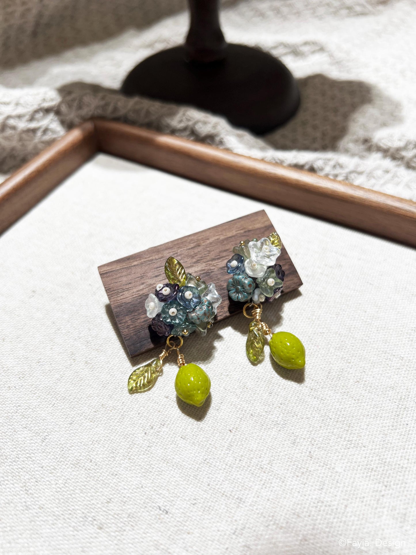 Bohemian Fruit Earrings, Lime ear stud with florals, blue flower bouquet with lime lemon, gifts for her, summer vacation ootd