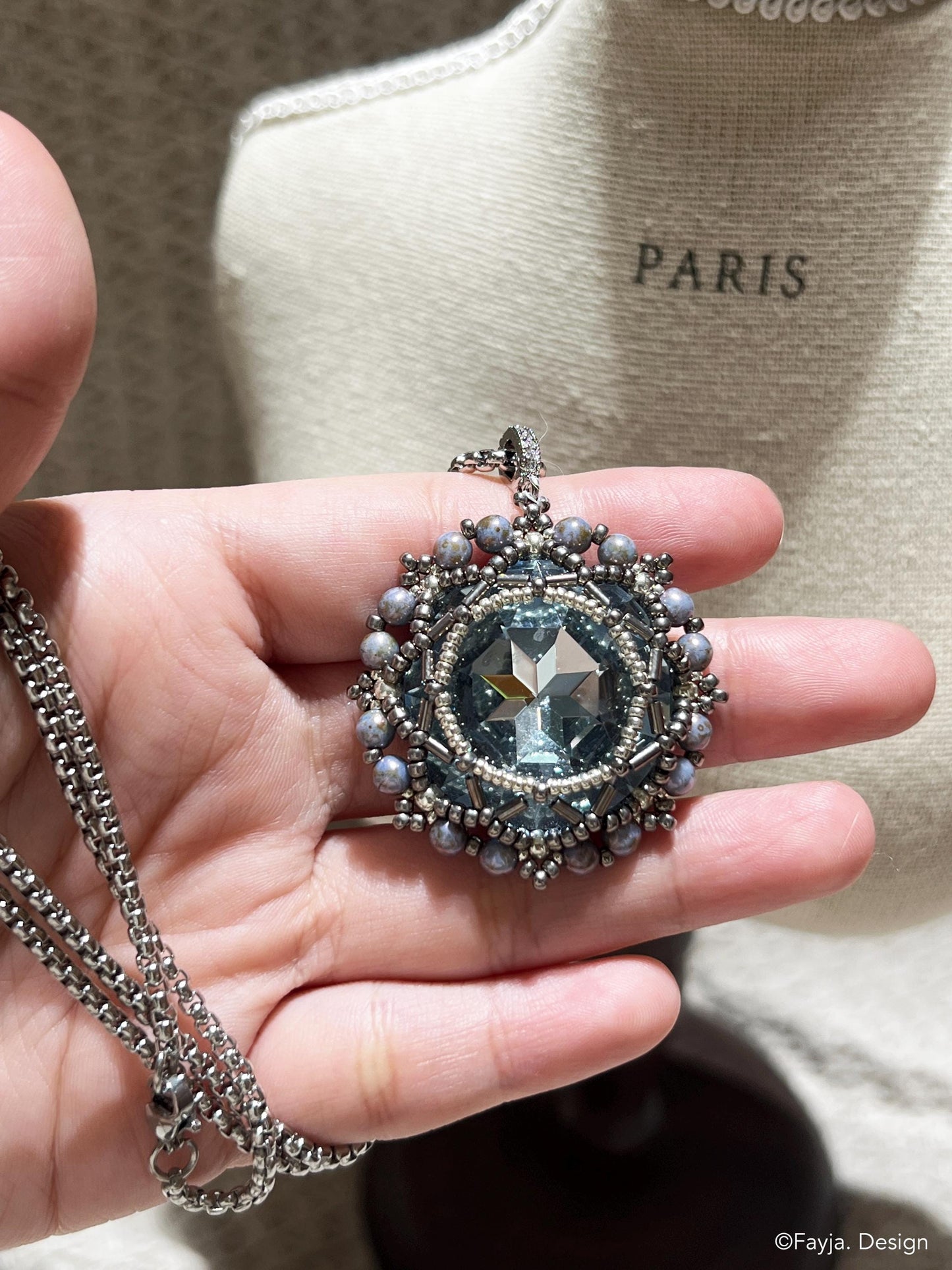 Handcrafted Beaded Bezel Crystal Flower Pendant necklace