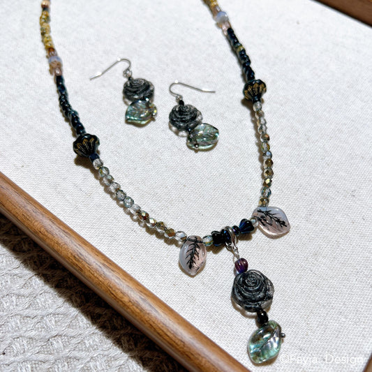 Black rose beaded necklace vintage style bohemian bead Czech glass beaded earring set