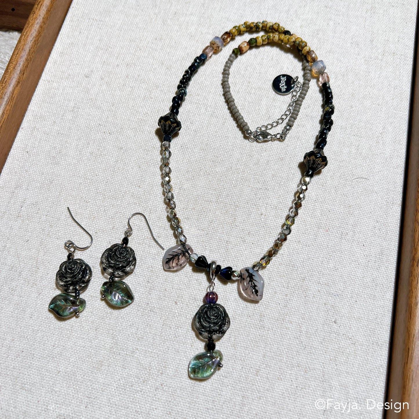 Black rose beaded necklace vintage style bohemian bead Czech glass beaded earring set