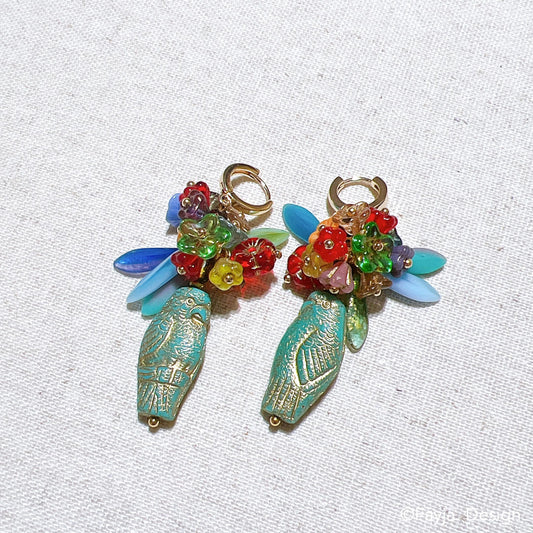 Bohemian Flower Bouquet Parrot & Eagle Dangle Earrings | Colorful Drop Earrings | Gift for Her