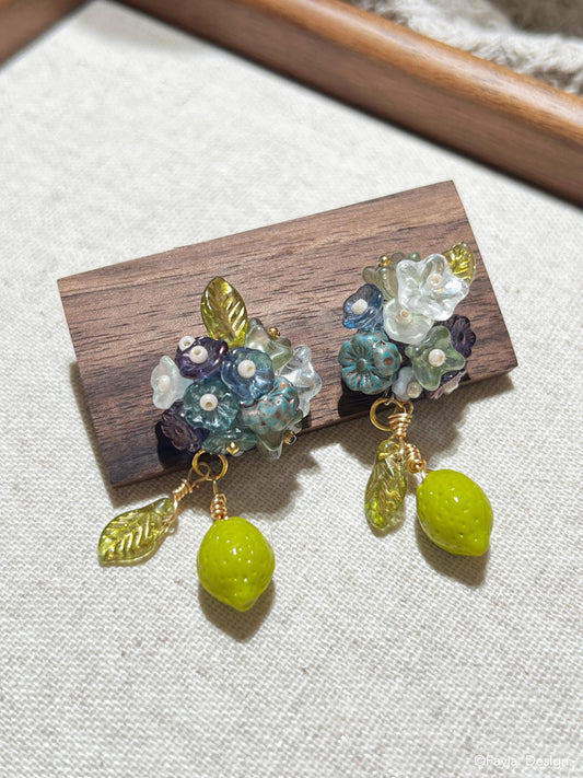 Bohemian Fruit Earrings, Lime ear stud with florals, blue flower bouquet with lime lemon, gifts for her, summer vacation ootd