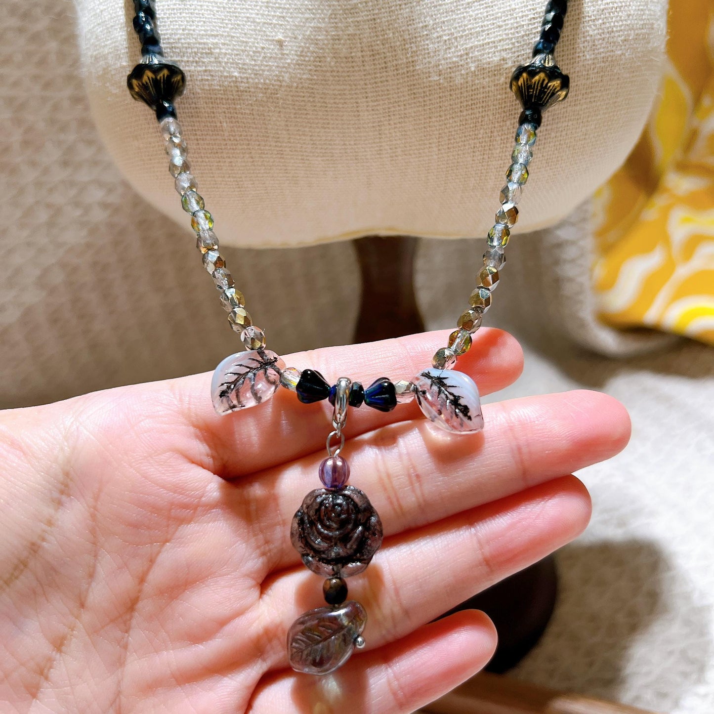 Black rose beaded necklace vintage style bohemian bead Czech glass beaded earring set