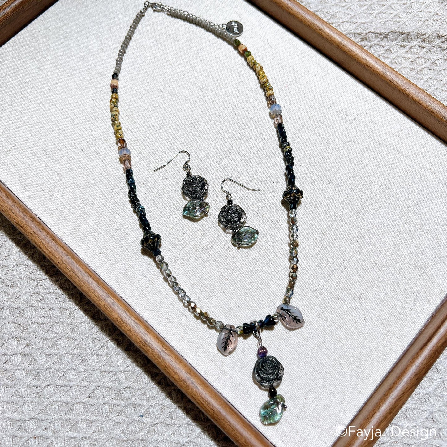 Black rose beaded necklace vintage style bohemian bead Czech glass beaded earring set