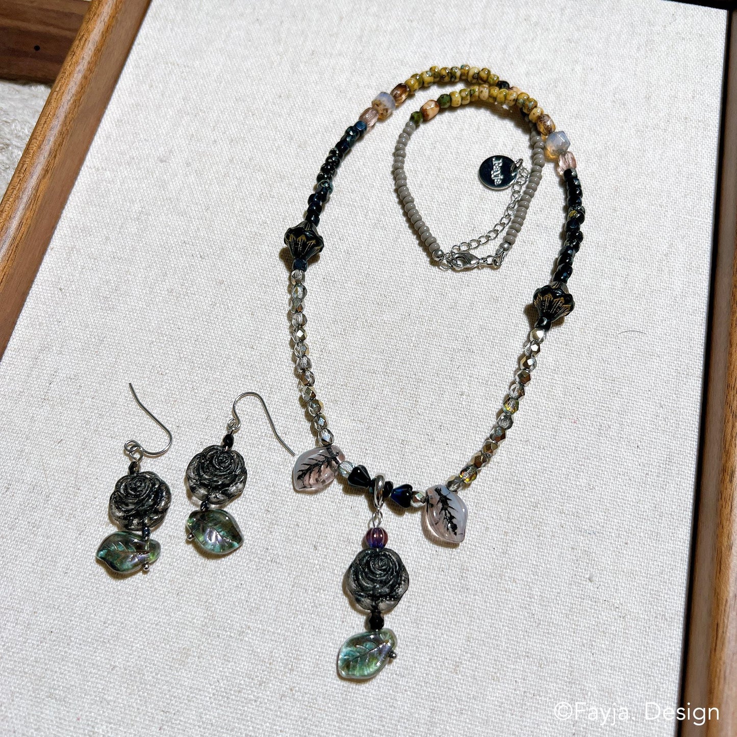 Black rose beaded necklace vintage style bohemian bead Czech glass beaded earring set